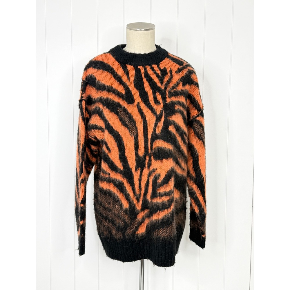 Topshop Tiger Print Oversized Tunic Sweater Women XS Orange Black Indie Sleaze